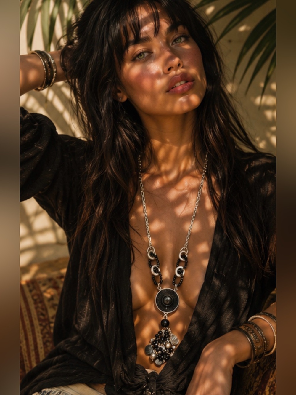 Black and silver long chunky necklace